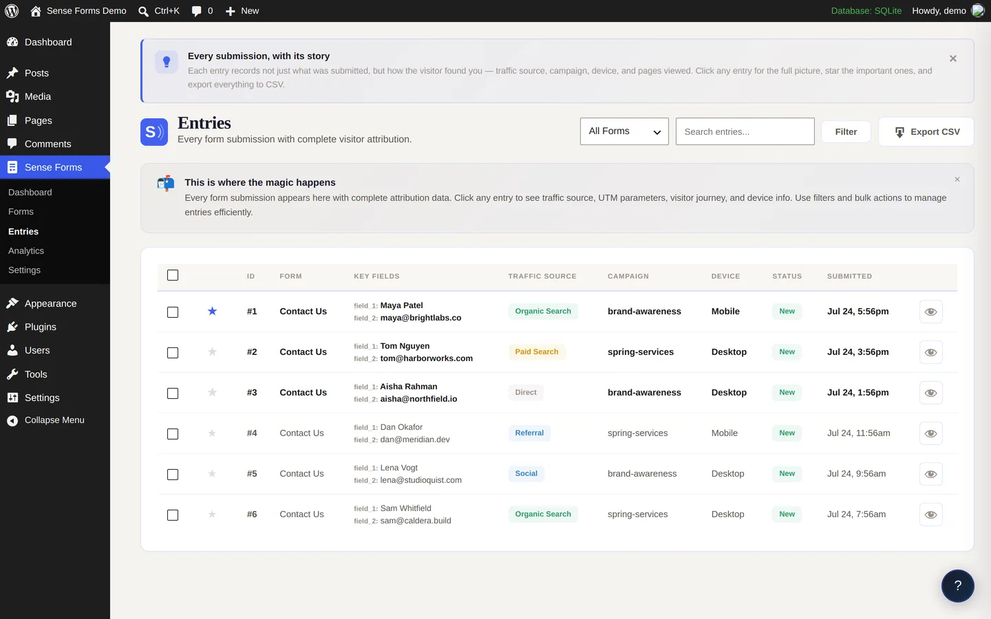 Sense Forms entries list showing submissions with their traffic source, campaign and device