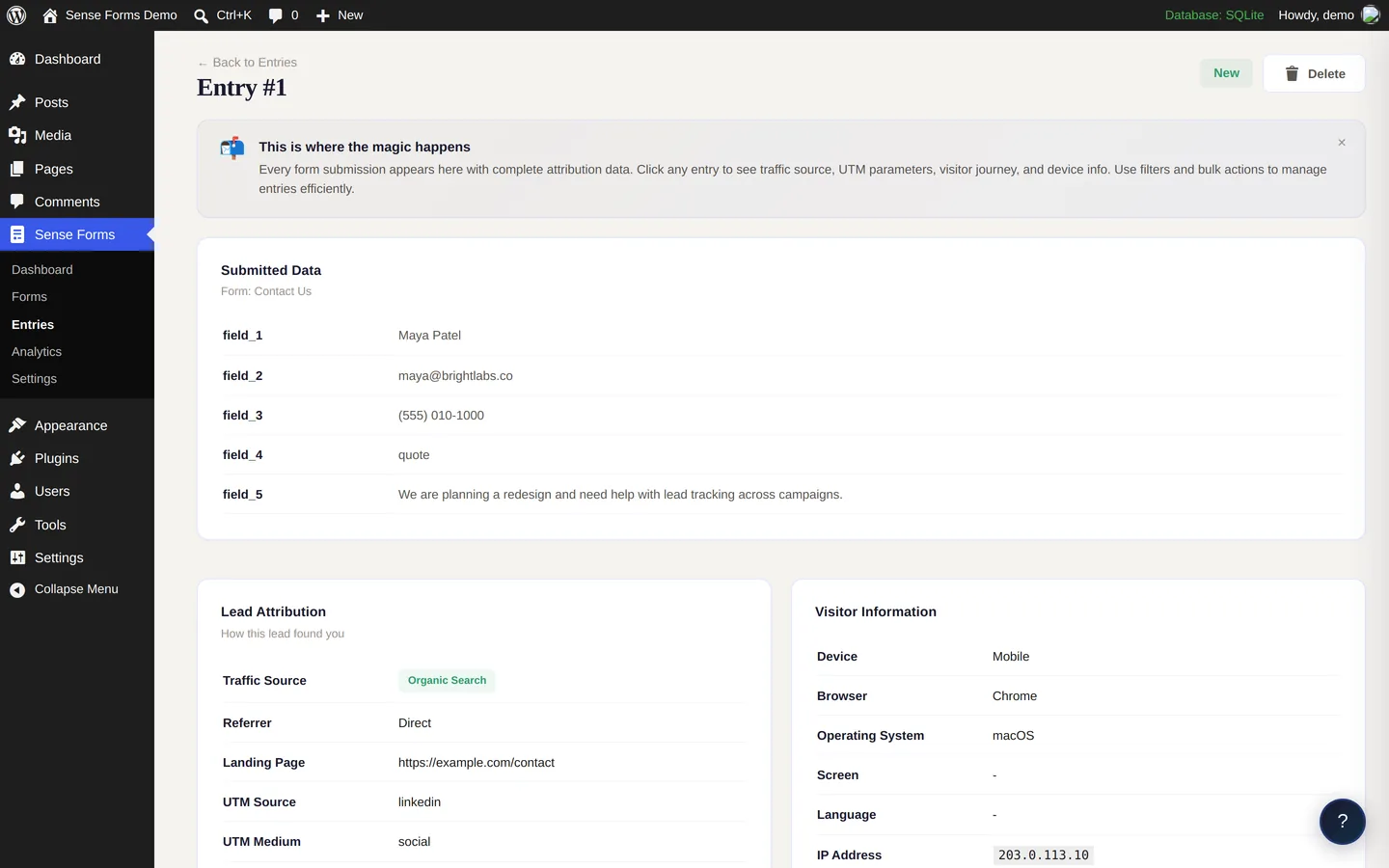 Sense Forms entry detail with the full lead attribution panel